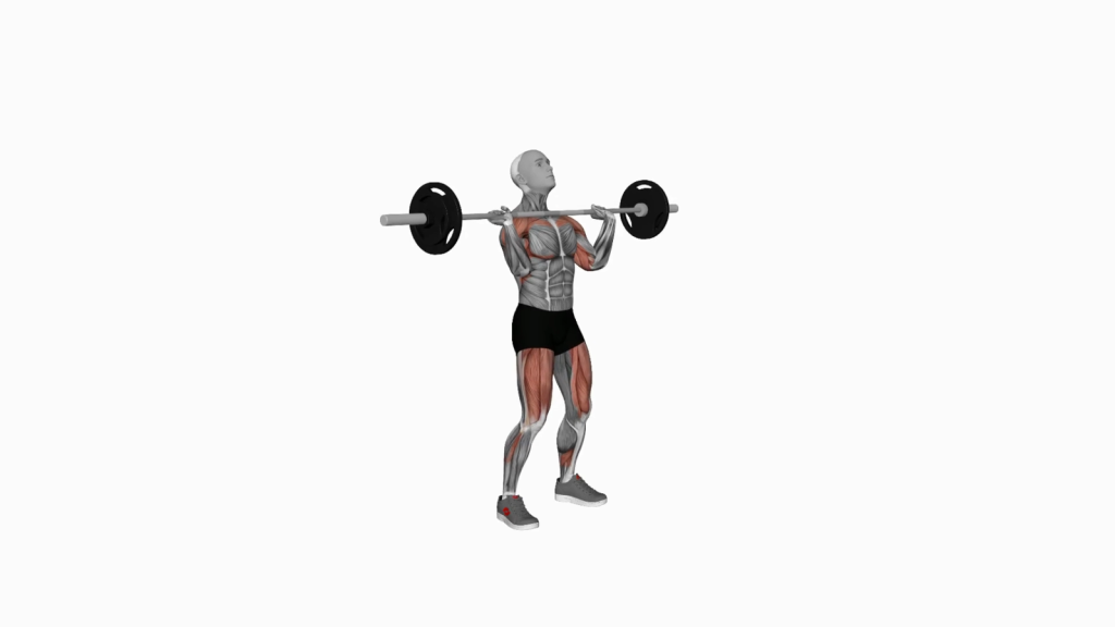 Person performing a barbell thruster exercise demonstrating proper form