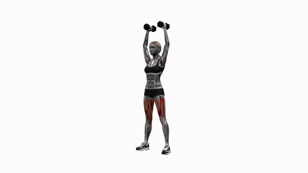 Beginner performing dumbbell squat to shoulder press exercise in a gym setting